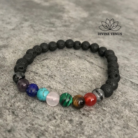 7 Chakra Stretch Bracelet Gemstones & Lava Rocks - Picture 8 of 8
